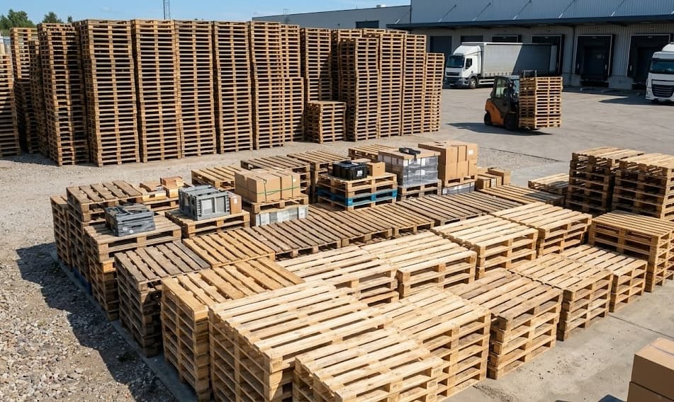 Massive pallet yard with organized stacks of pallets available for purchase, forklift and warehouse visible