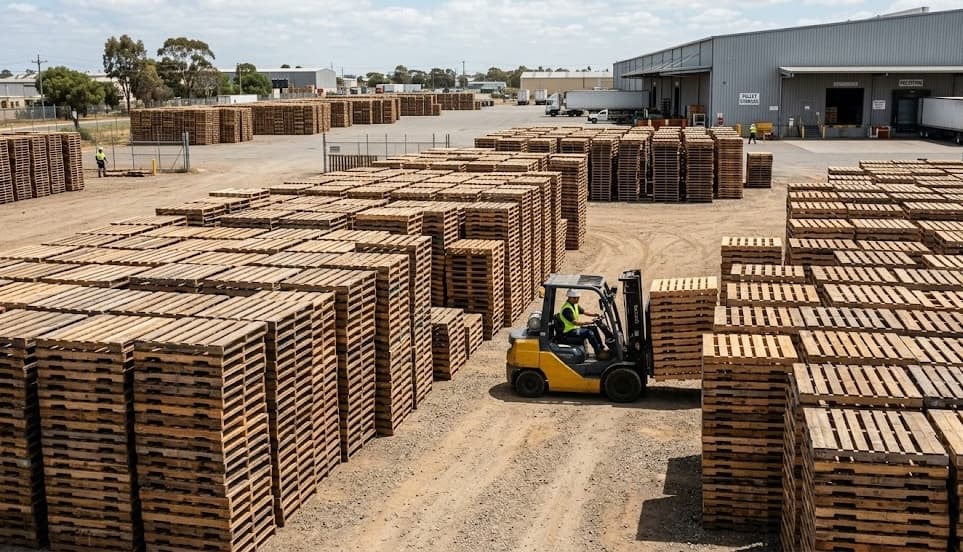Aerial view of a large pallet recycling yard with a forklift driving through rows of sorted pallets