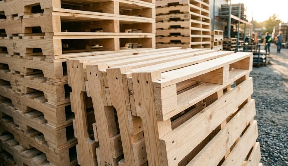 Close-up of stacked new pallets at golden hour showing various standard pallet sizes and dimensions